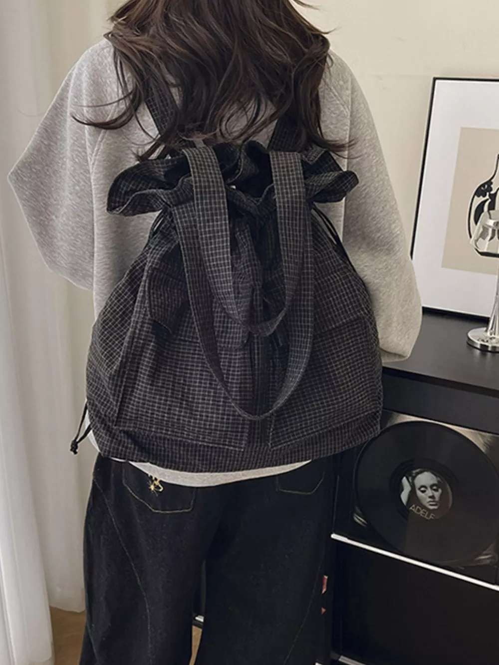 Convertible Plaid Drawstring Backpack Bag, image 8