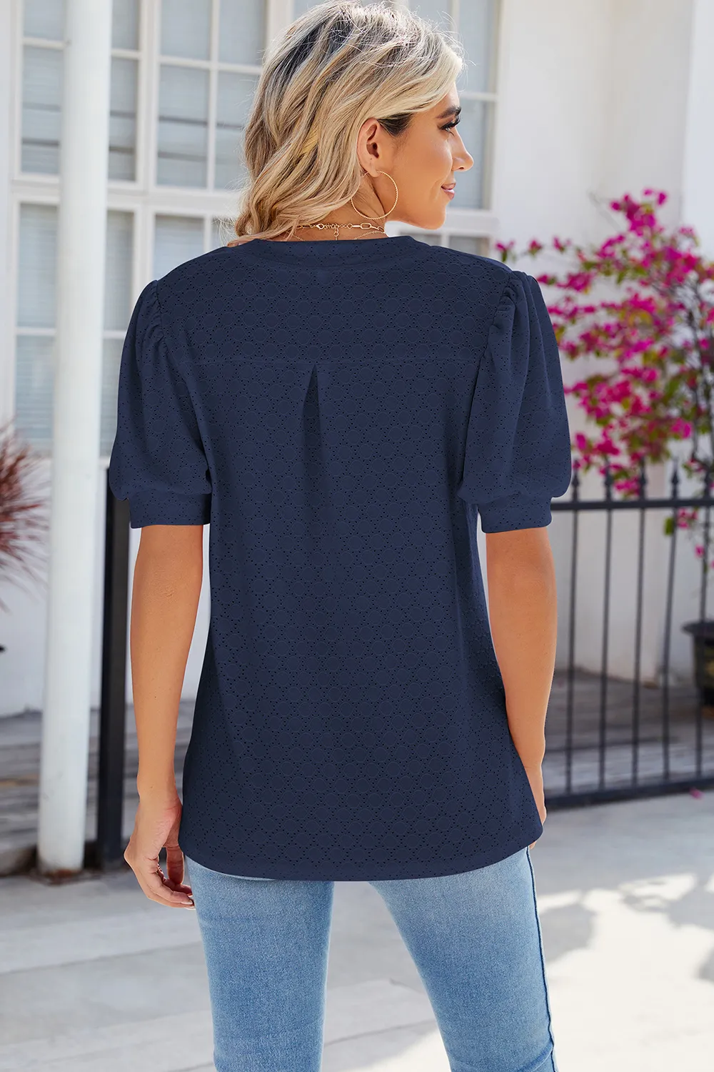 Eyelet Notched Puff Sleeve T-Shirt, image 3