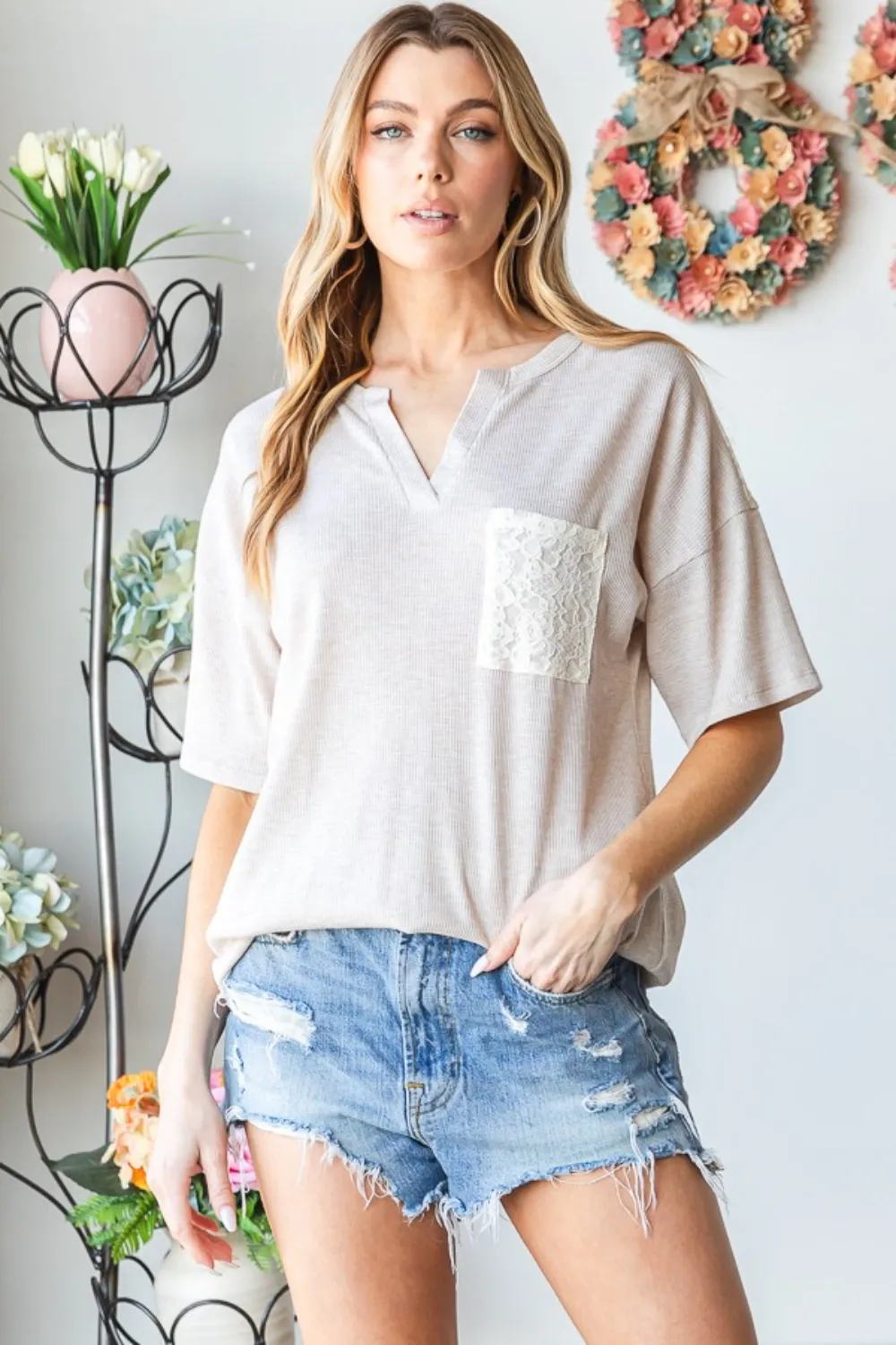 Full Size Lace Front Pocket Drop Shoulder Top, image 4