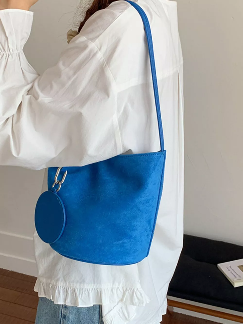 Suede Solid Color Bucket Bag, image 6