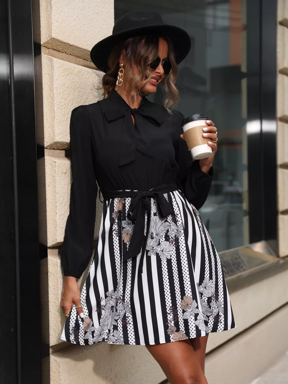 Striped Tie Front Long Sleeve Mini Dress, image 2