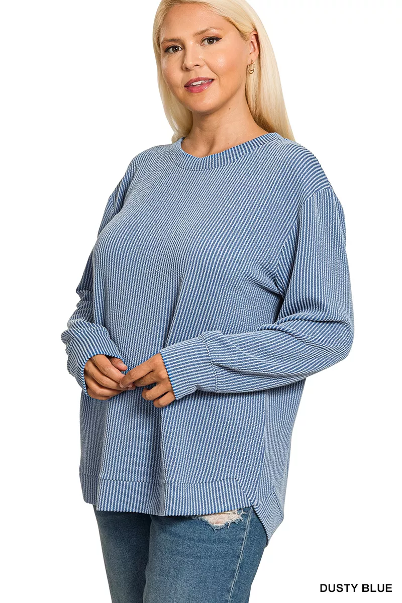 Full Size Raised Rib Round Neck Long Sleeve Top Plus Size, image 3