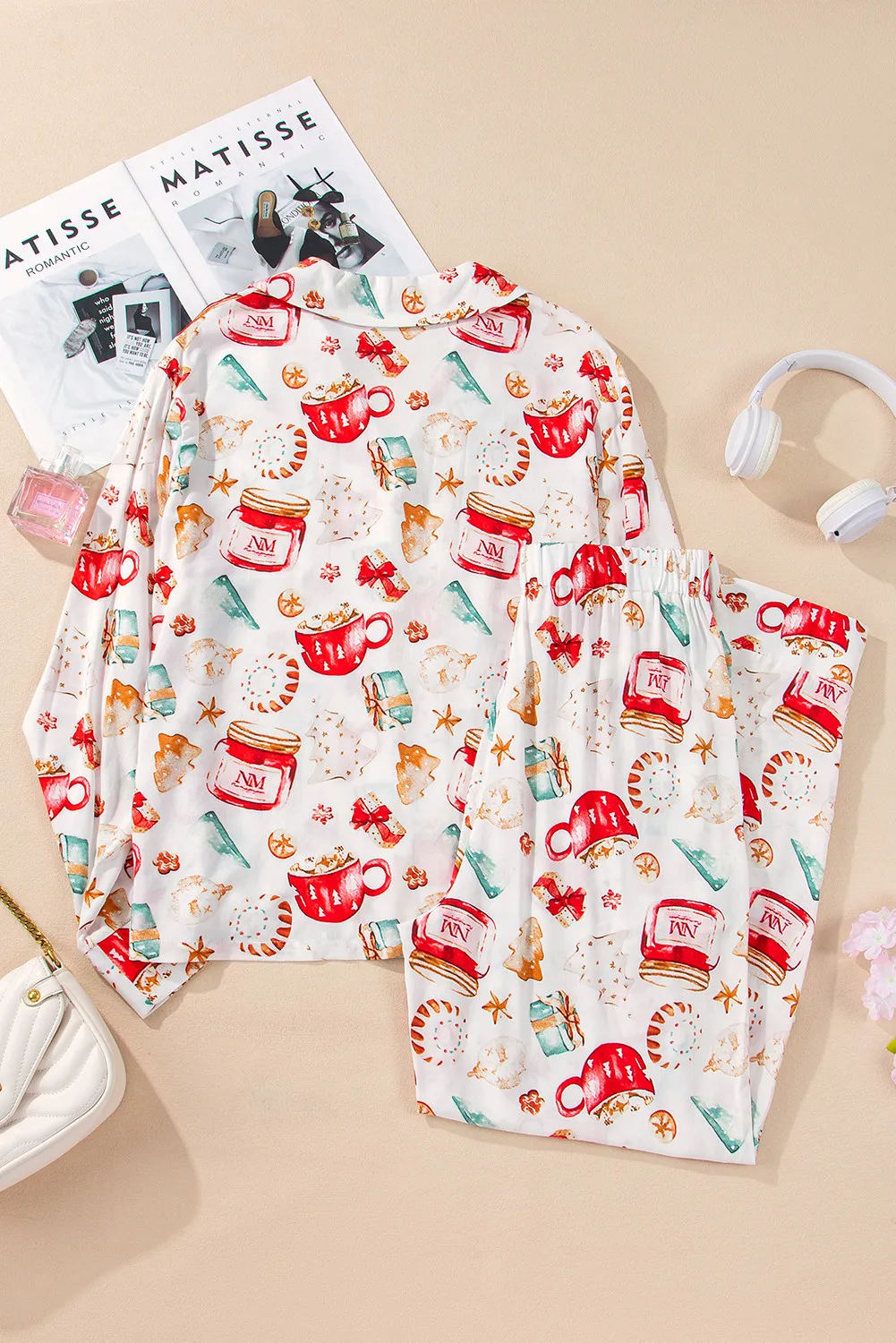 Printed Collared Neck Top and Pants Lounge Set, image 3