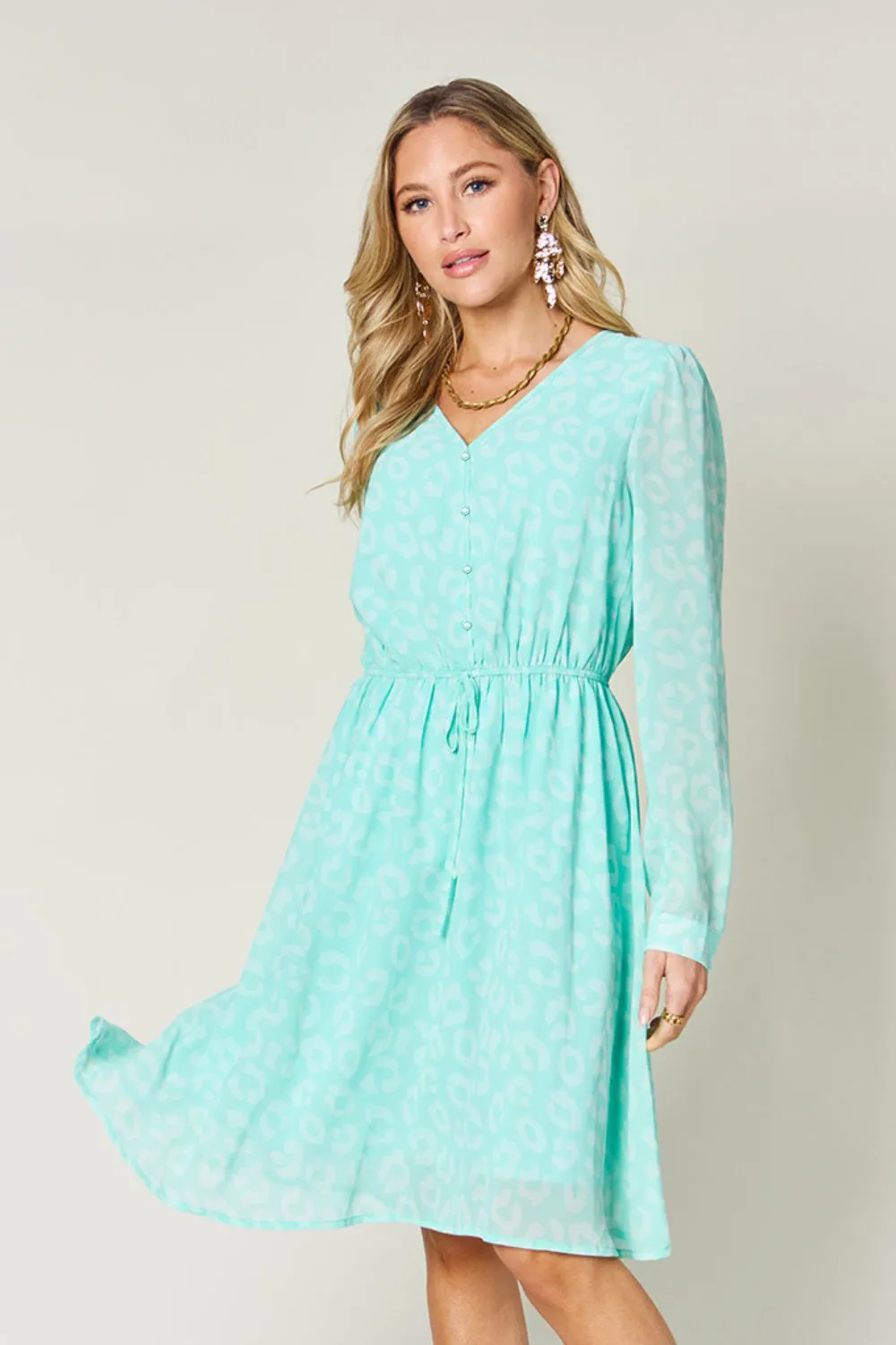 Full Size Printed Ruched V-Neck Long Sleeve Dress, image 7