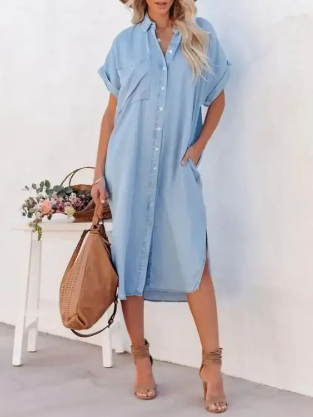 Button Down Denim Midi Shirt Dress, image 3