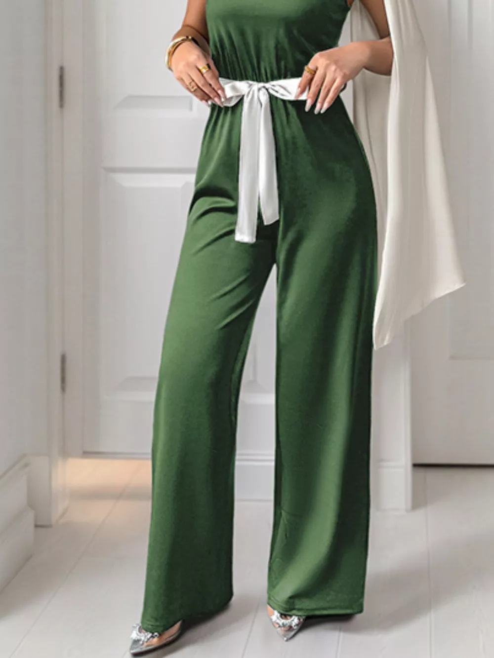 One-Shoulder Bowknot Wide Leg Jumpsuit, image 6