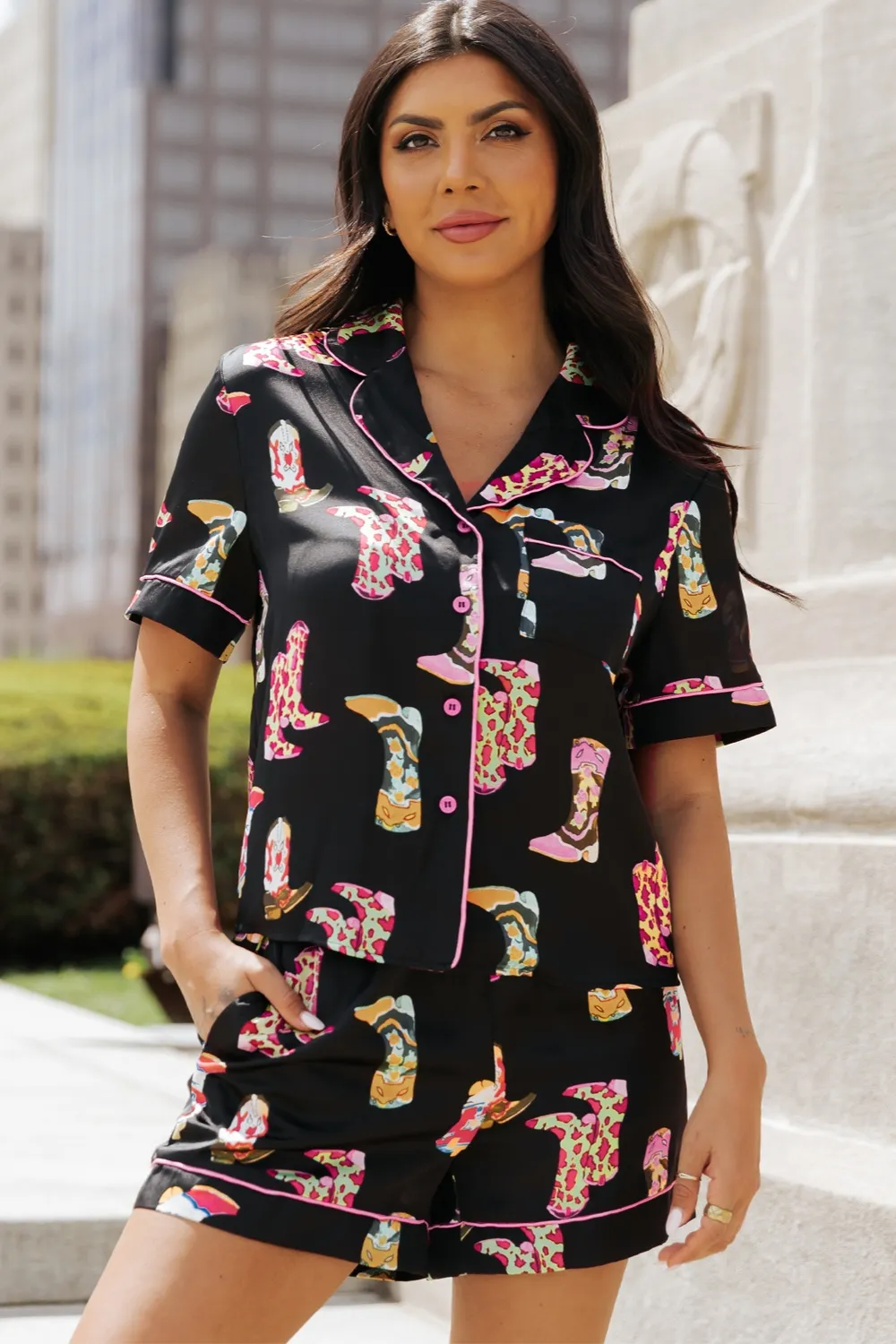 Printed Button Up Short Sleeve Top and Shorts Lounge Set, image 6