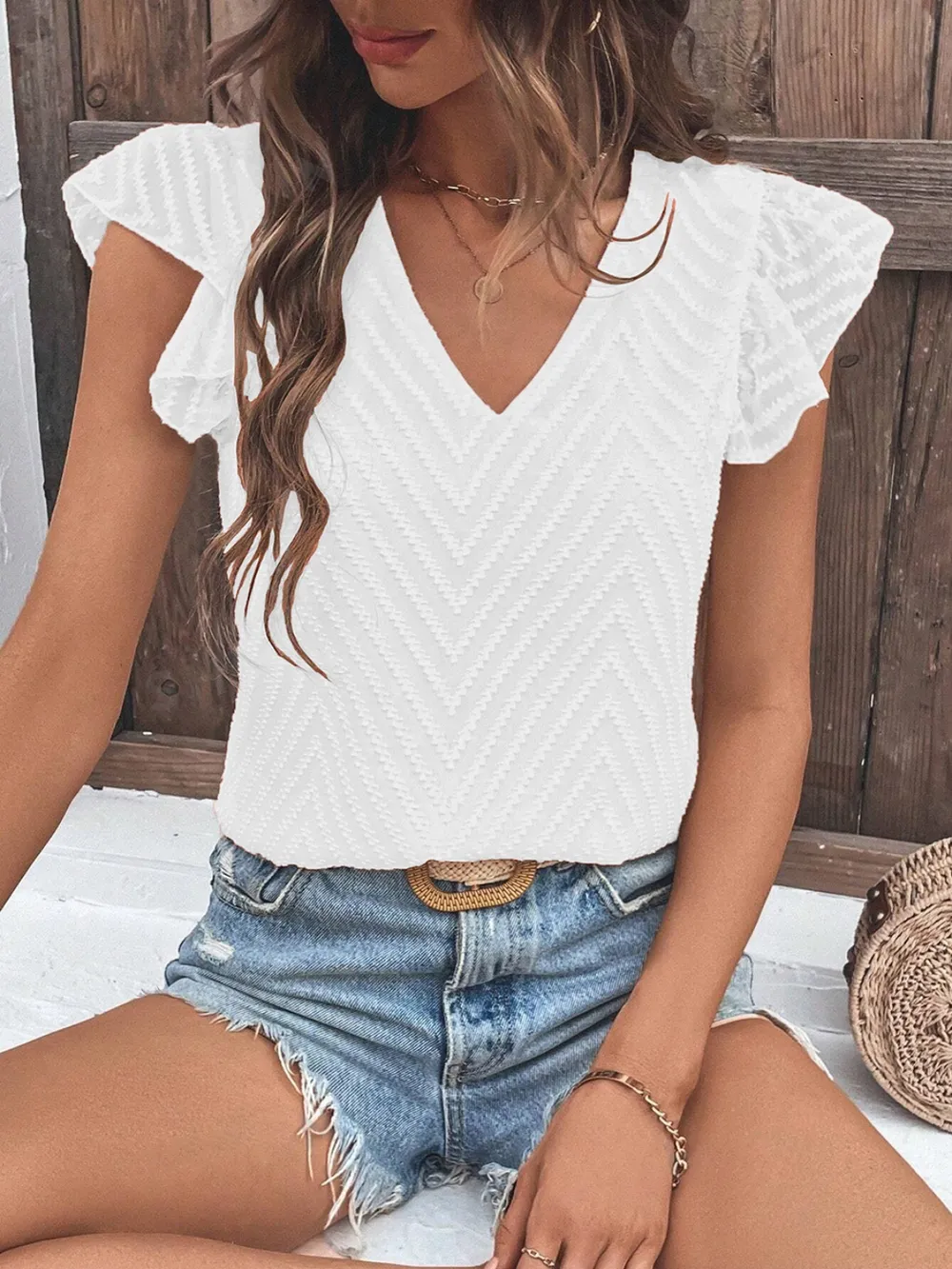 Textured V-Neck Cap Sleeve Blouse, image 4