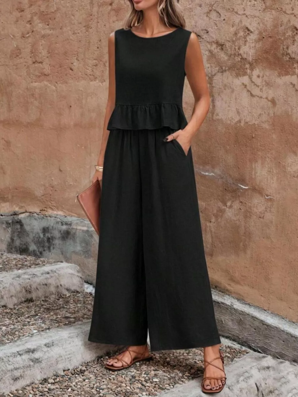 Sleeveless Ruffle Hem Top and Wide Leg Pants Two-Piece Set, image 10
