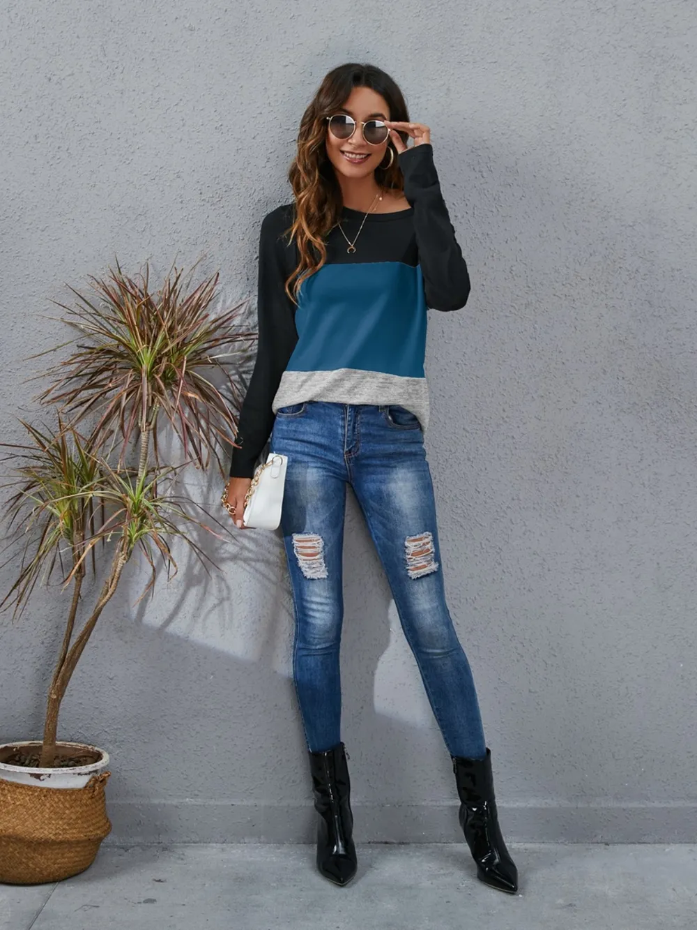 Color Block Round Neck Long Sleeve T-Shirt, image 15