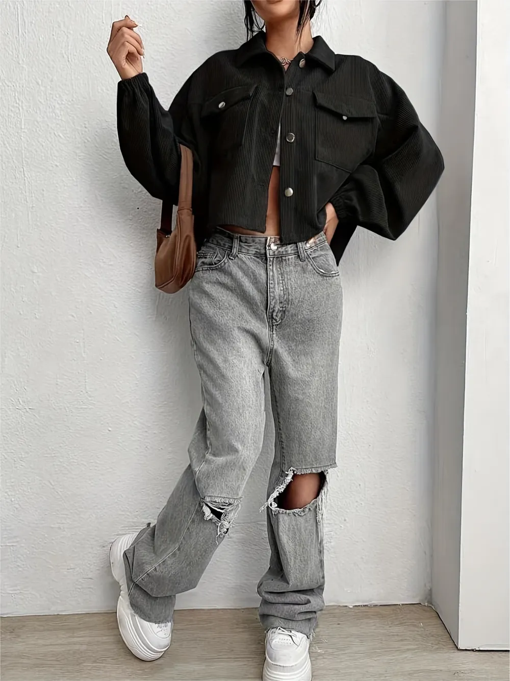 Collared Neck Dropped Shoulder Jacket, image 9