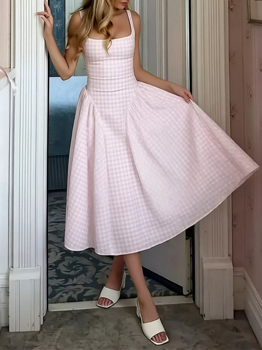 Full Size Plaid Square Neckline Midi Dress Plus Size, image 5