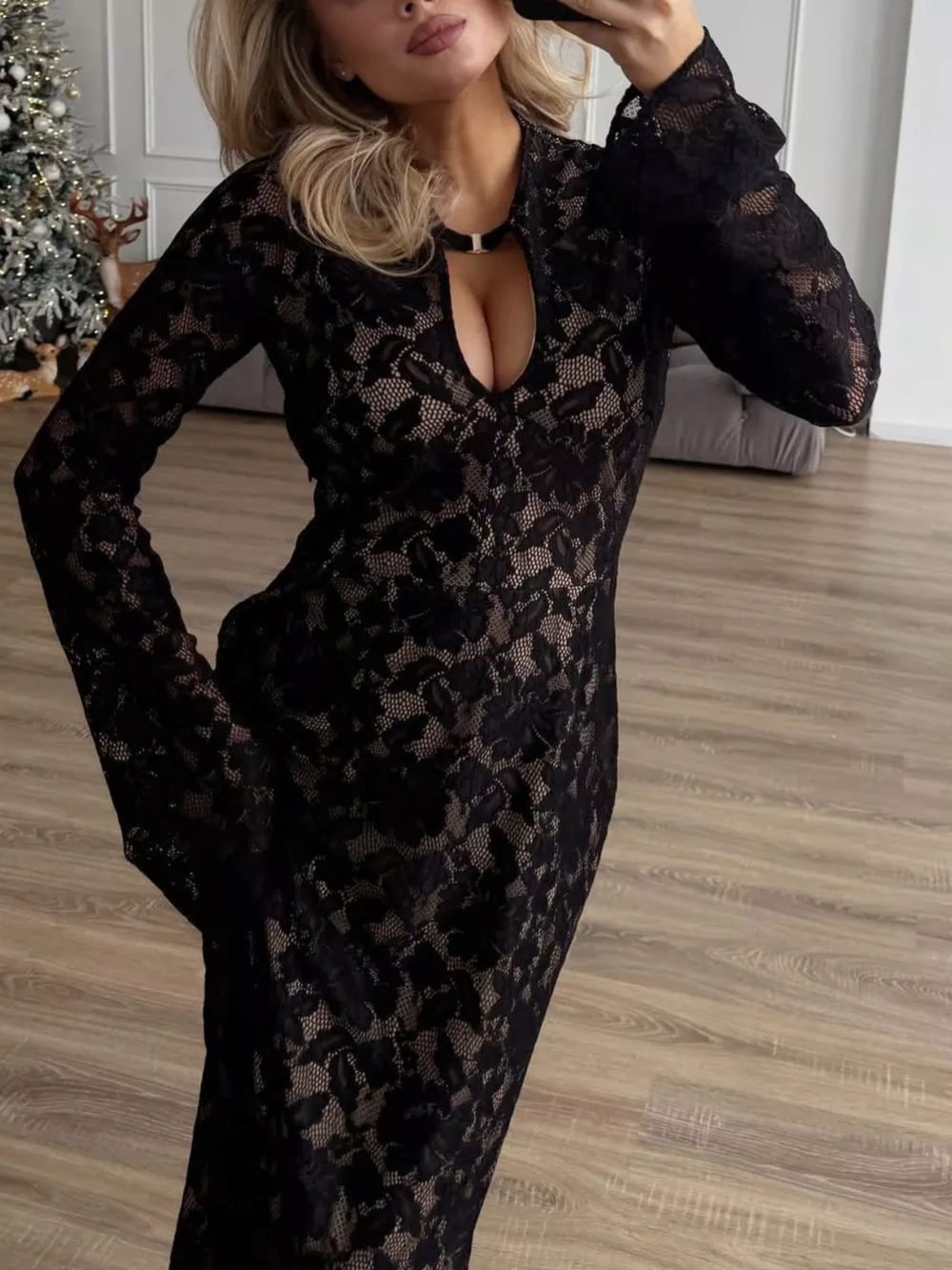 Lace Long-Sleeve Bodycon Maxi Dress, image 5