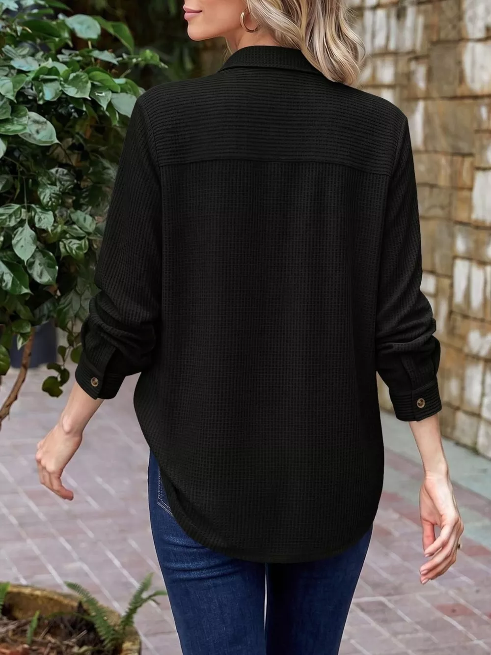 Waffle Knit Button-Down Long Sleeve Shirt, image 13
