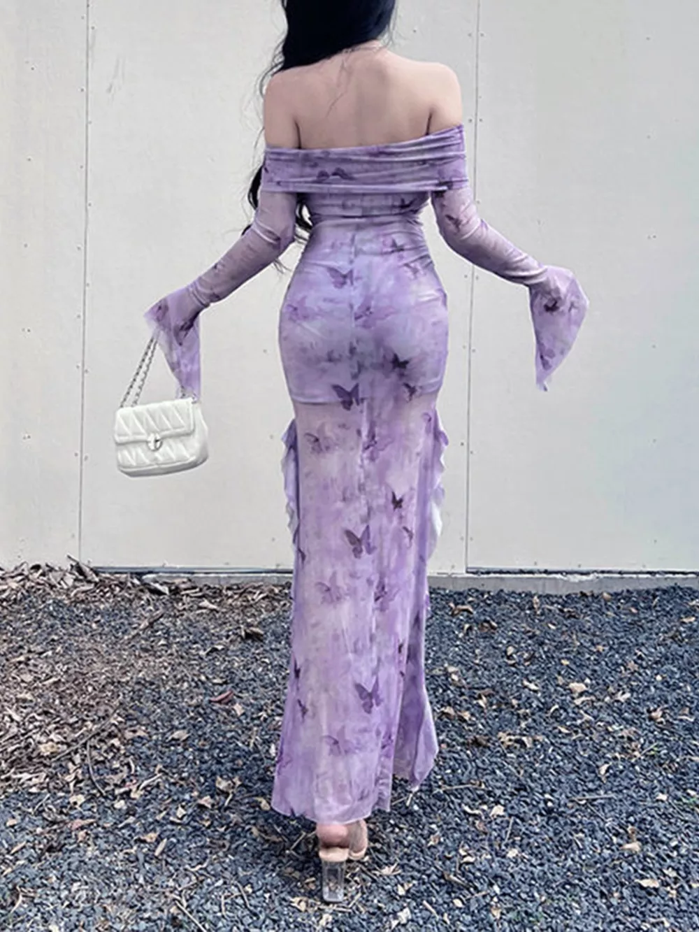 Butterfly Print Off-Shoulder Mesh Mermaid Dress, image 3