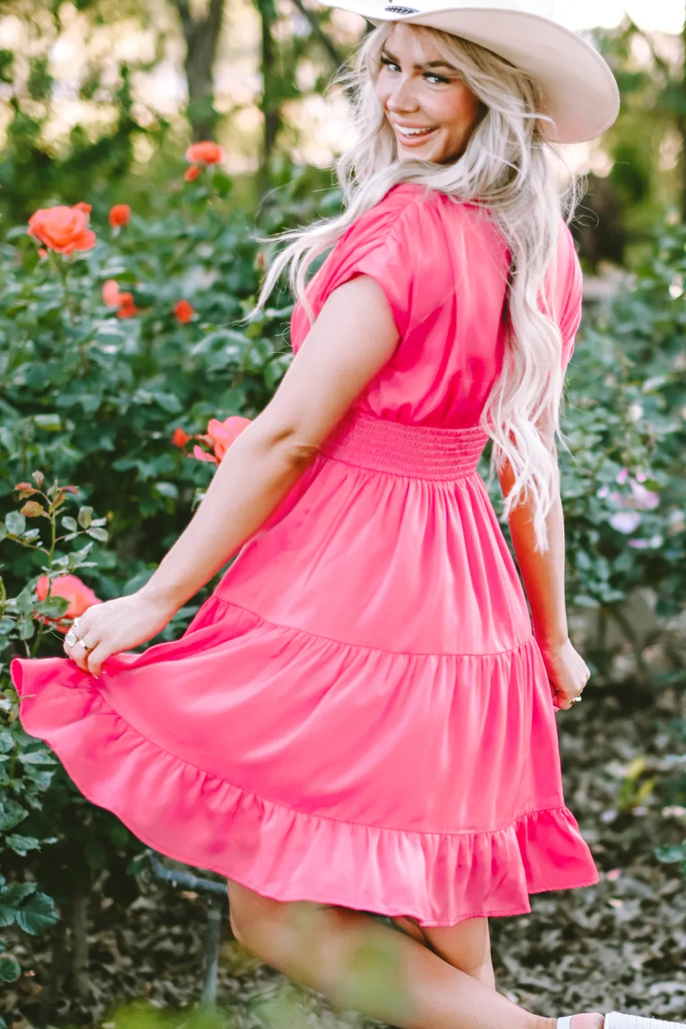 Smocked V-Neck Cap Sleeve Dress, image 3