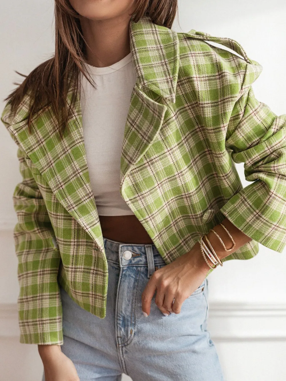 Lapel Collar Plaid Cropped Jacket, image 4