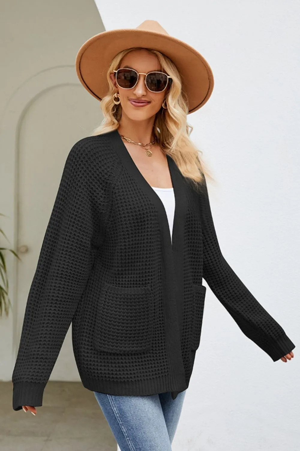 Open Front Raglan Sleeve Pocketed Cardigan, image 9