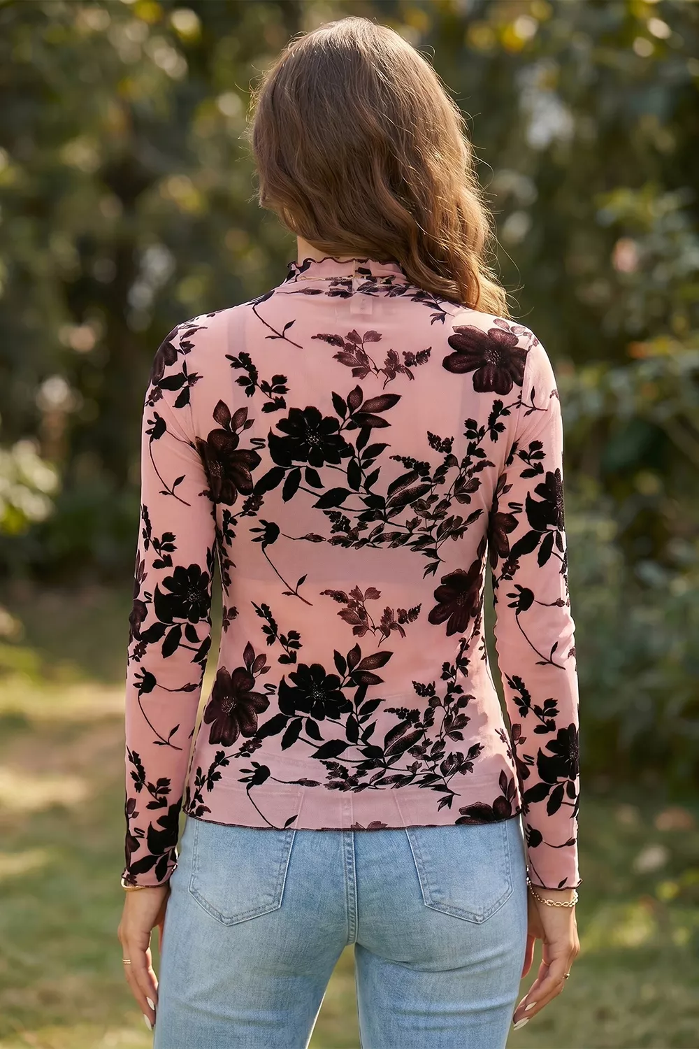 Floral Print Mesh Long Sleeve Pullover Blouse, image 3