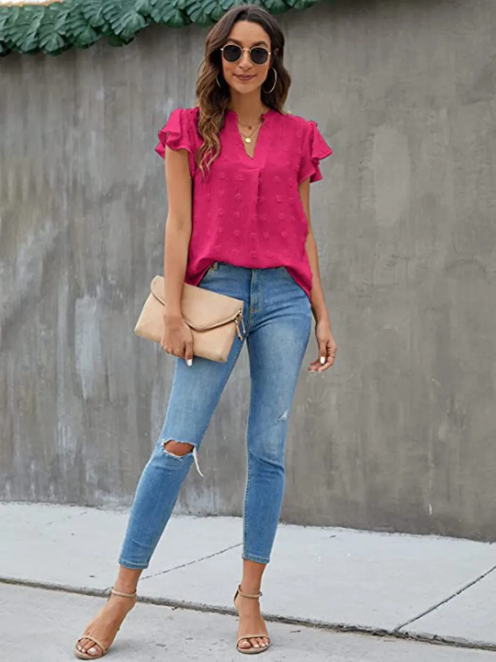 Swiss Dot Notched Cap Sleeve Blouse, image 4