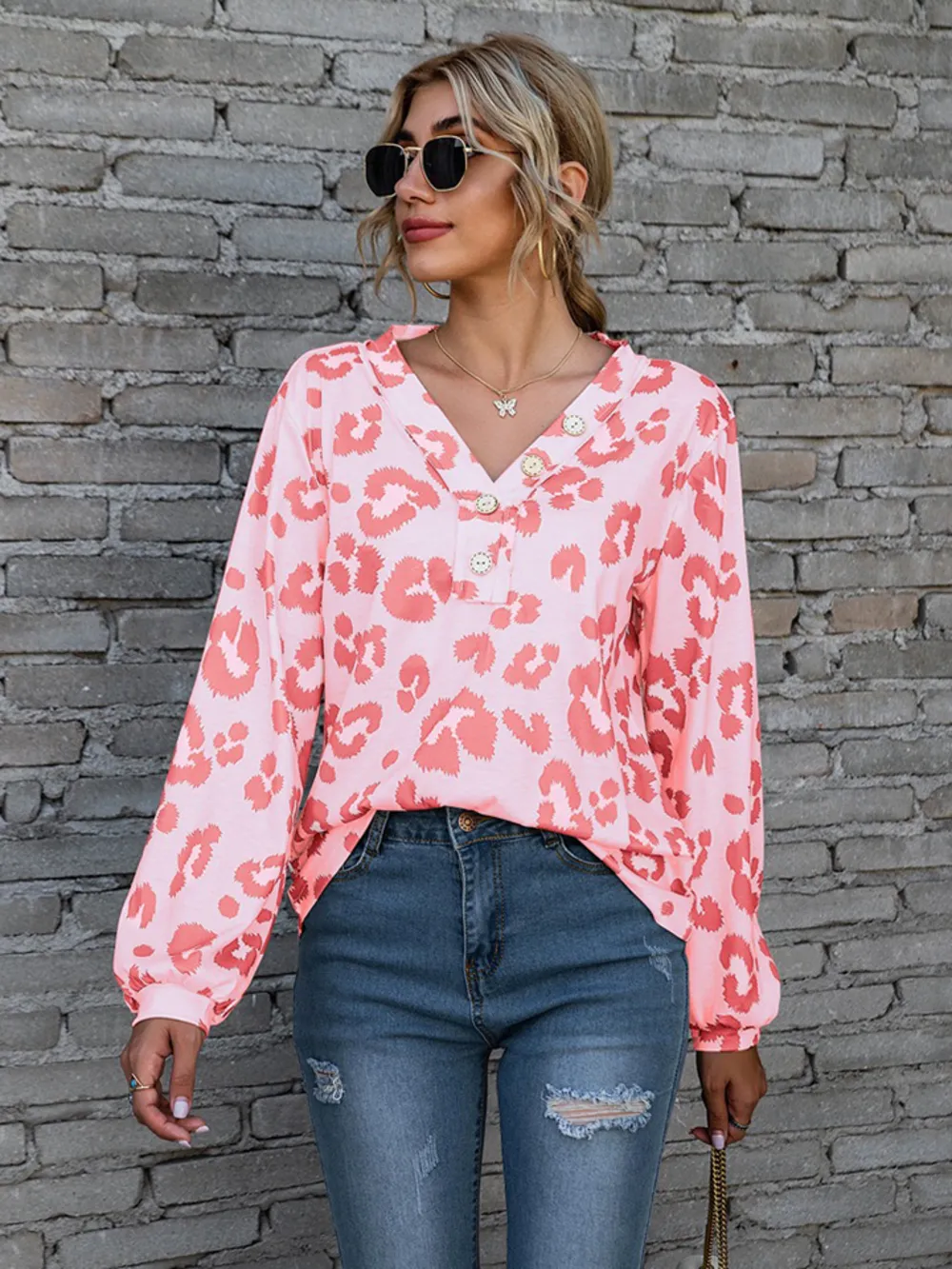 Leopard V-Neck Decorative Button Long Sleeve Blouse, image 8
