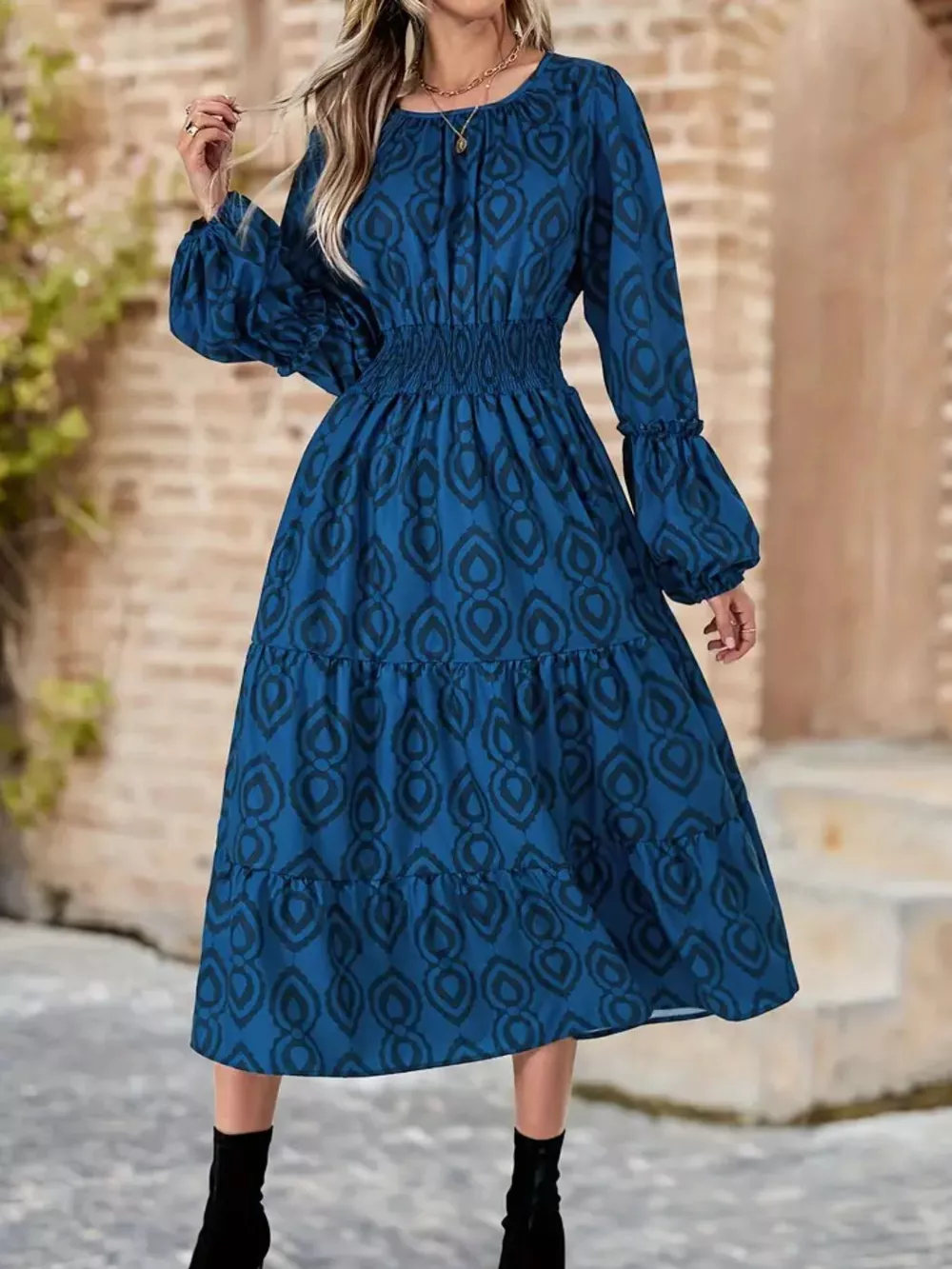 Smocked Round Neck Balloon Sleeve Midi Dress, image 4