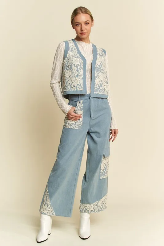 Lace Patch Open Front Denim Vest, image 3