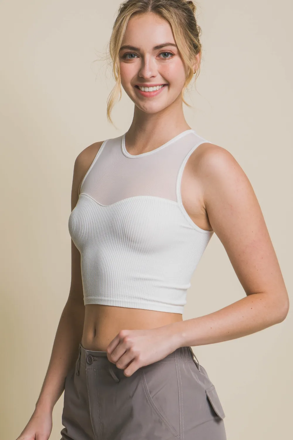 Round Neck Ribbed Cropped Mesh Tank, image 2