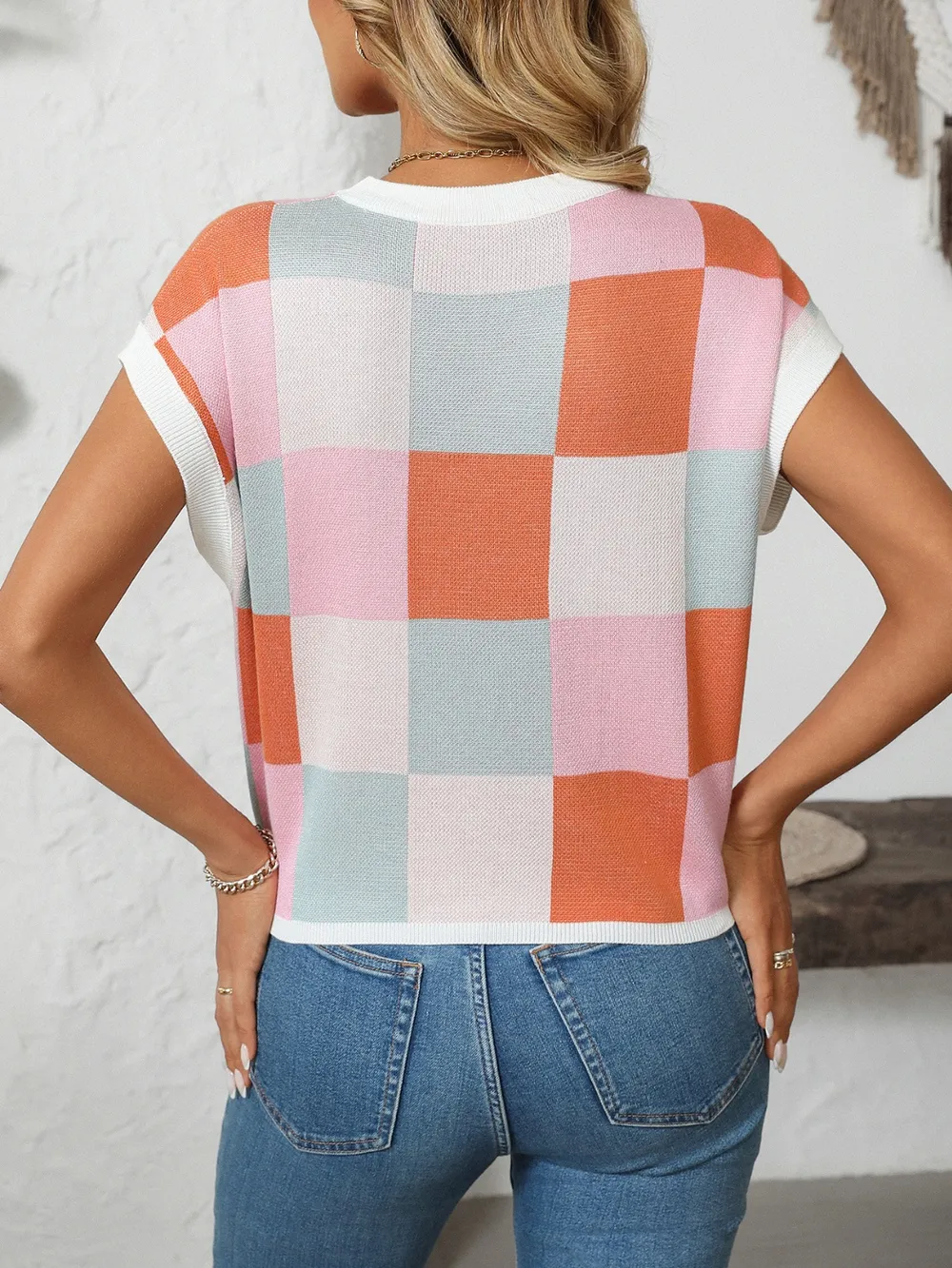 Checkered Round Neck Cap Sleeve Knit Top, image 12