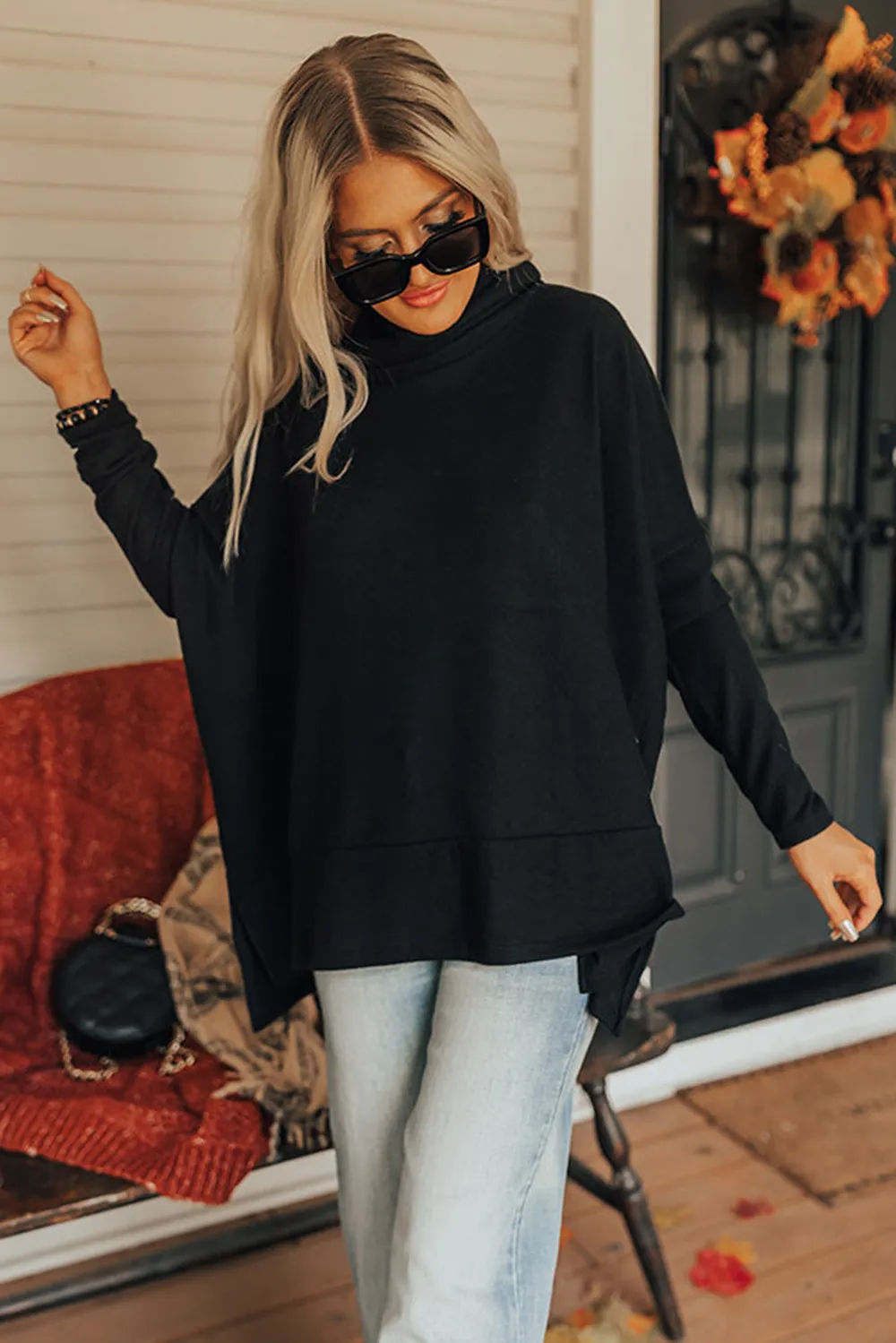 Side Slit High-Low Cowl Neck Long Sleeve Blouse, image 17