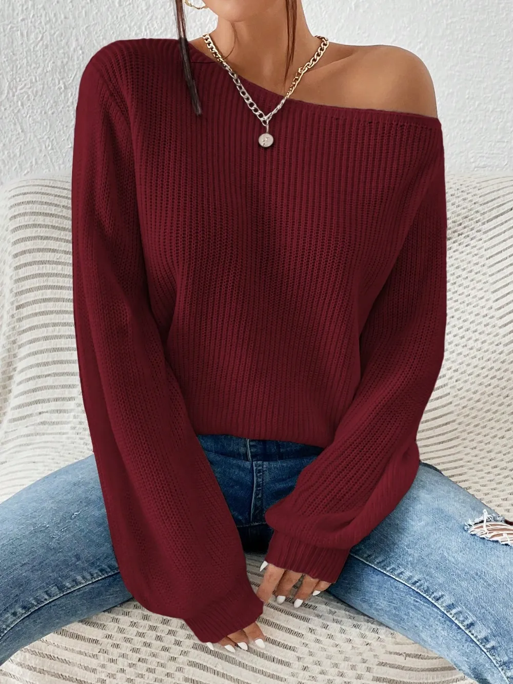 Single Shoulder Long Sleeve Sweater, image 11