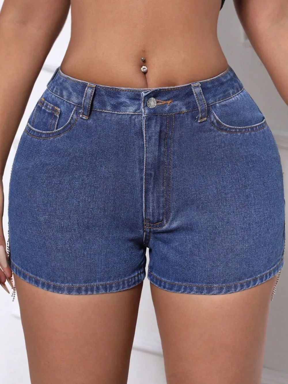 Fringe Back Denim Shorts with Pockets, image 4