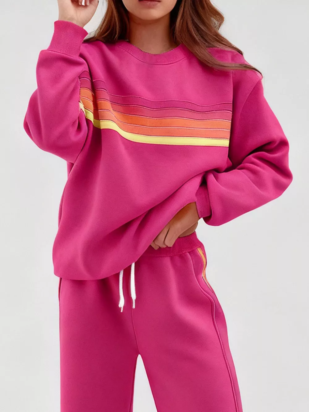 Striped Round Neck Sweatshirt and Pants Set, image 4
