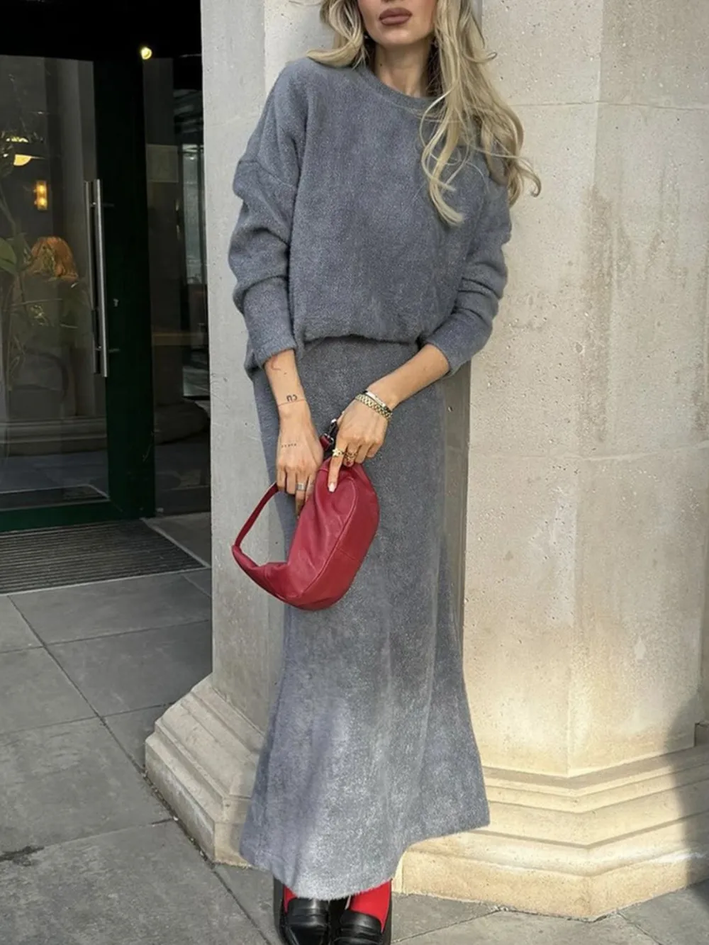 Round Neck Dropped Shoulder Top and Midi Skirt Sweater Set, image 7