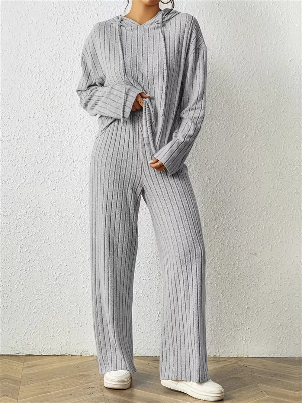Ribbed Drawstring Hoodie and Pants Set, image 6
