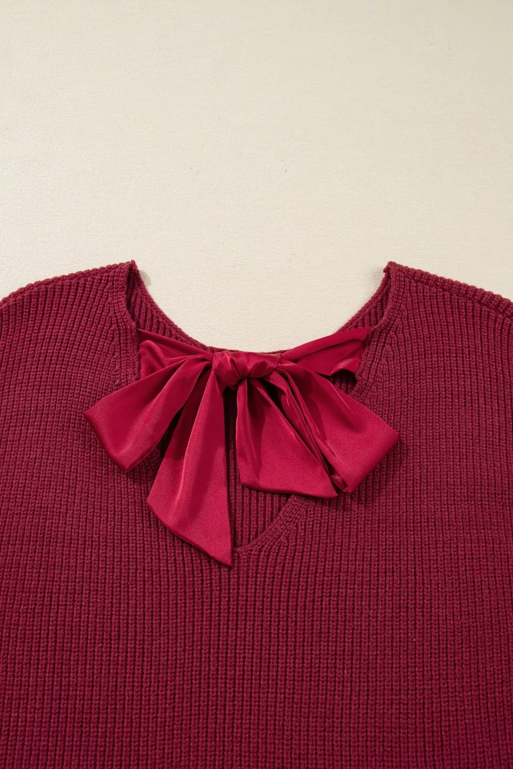 Ribbed Knit Ribbon Knot Backless Drop Shoulder Sweater, image 3