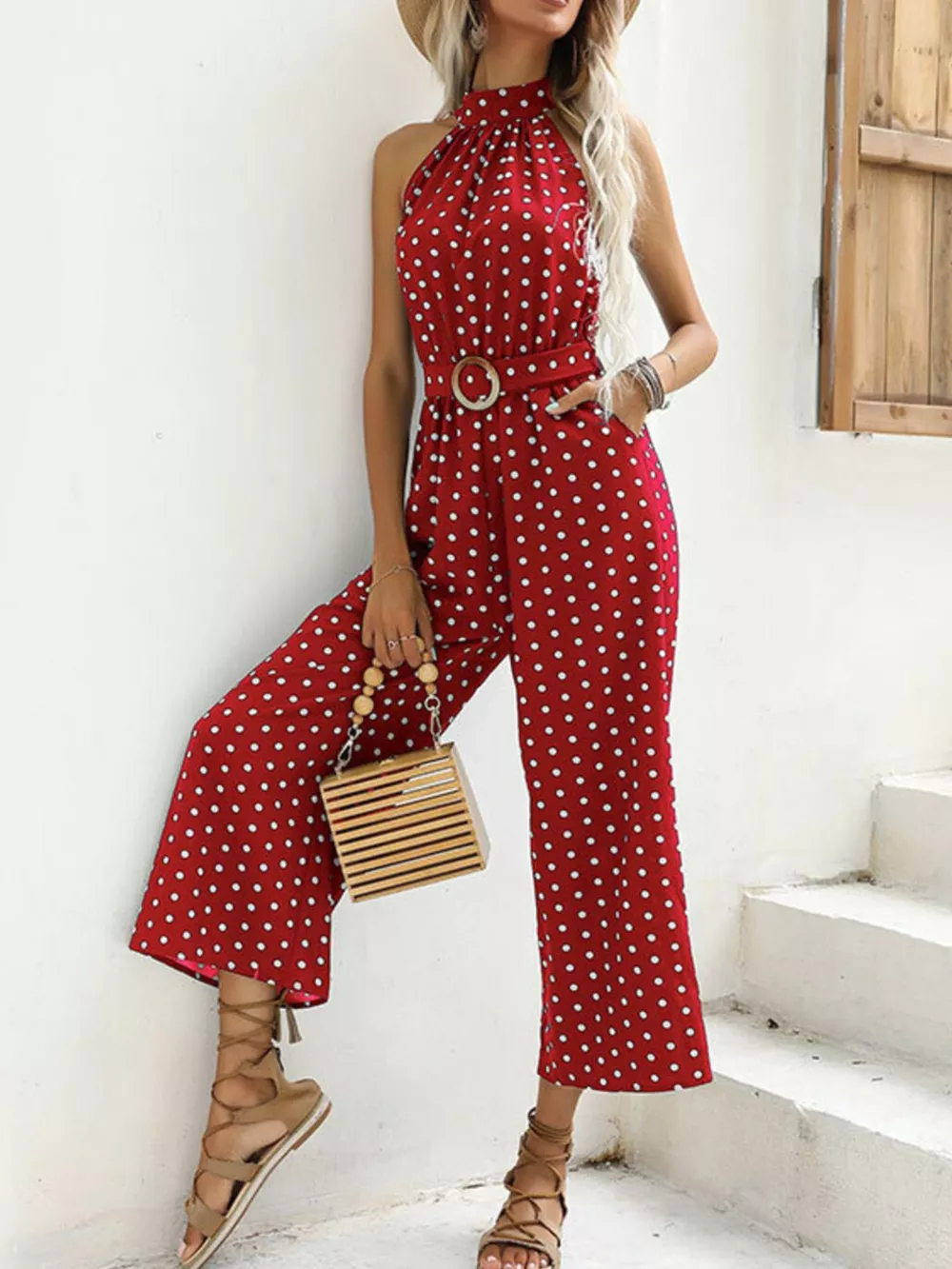 Polka Dot Halter Neck Wide Leg Jumpsuit, image 5