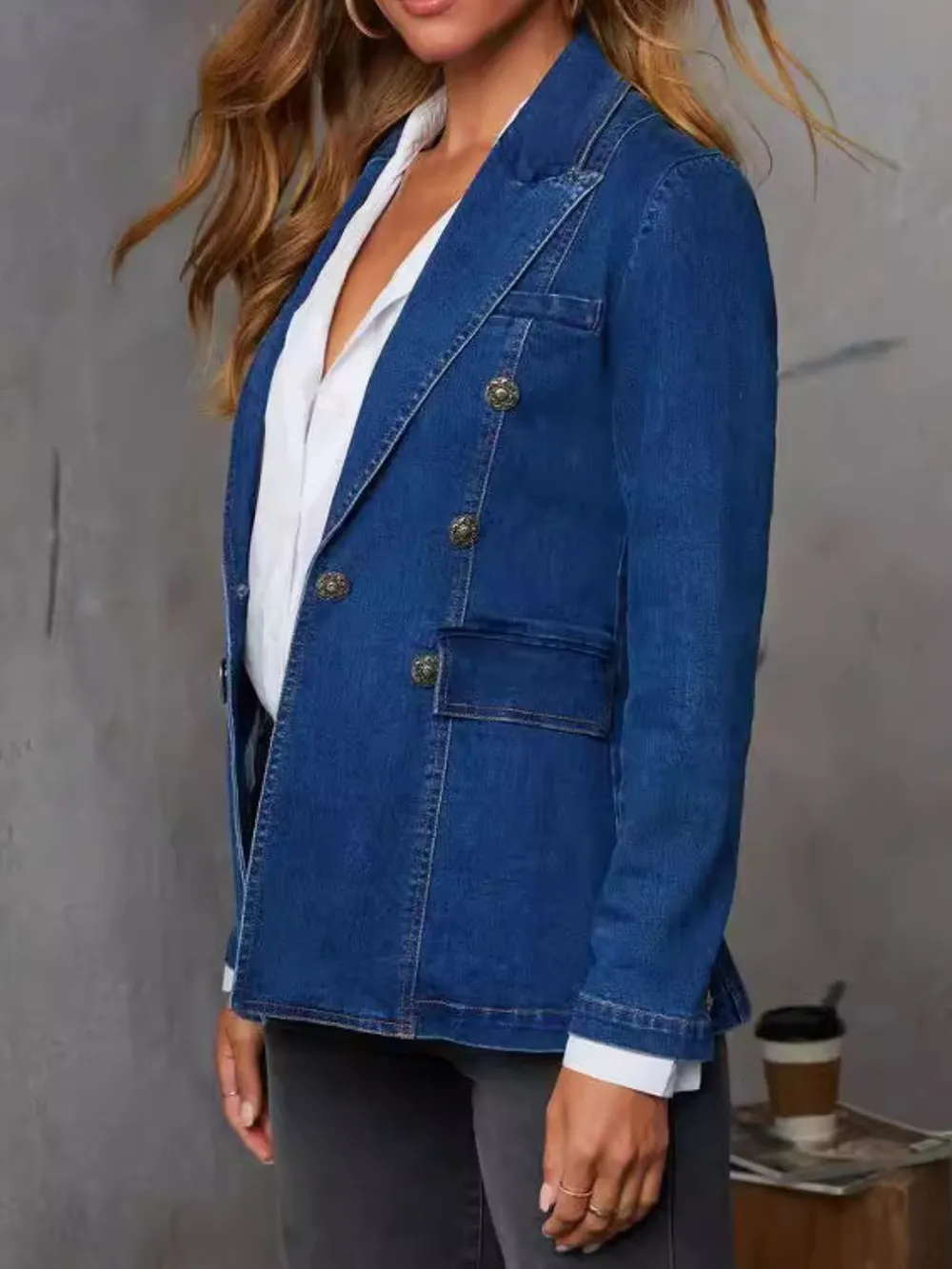Collared Neck Long Sleeve Denim Jacket, image 2
