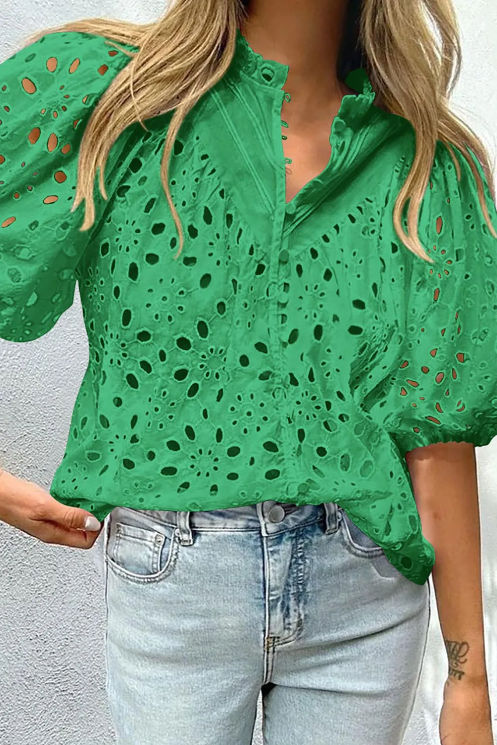 Eyelet Button Up Half Sleeve Blouse, image 9