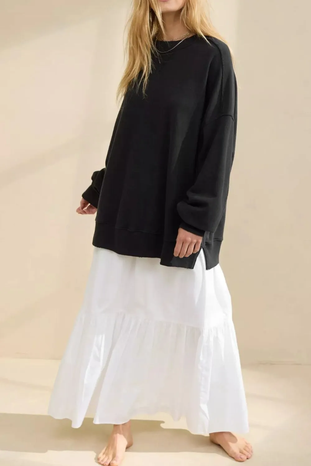 Side Slit Round Neck Long Sleeve Sweatshirt, image 8