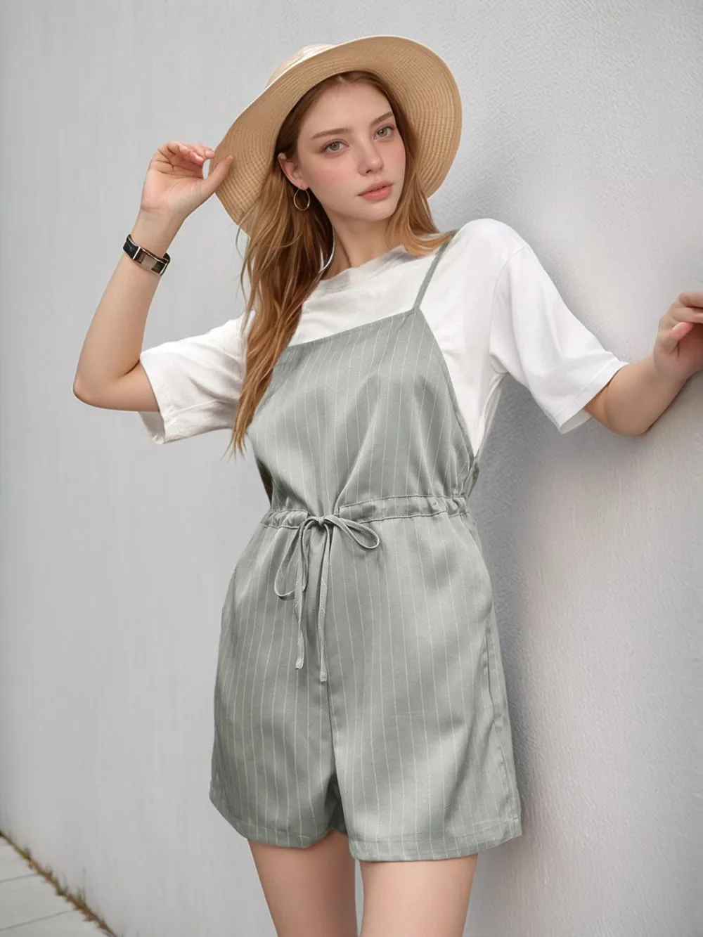 Drawstring Waist Striped Overalls with Pockets, image 2