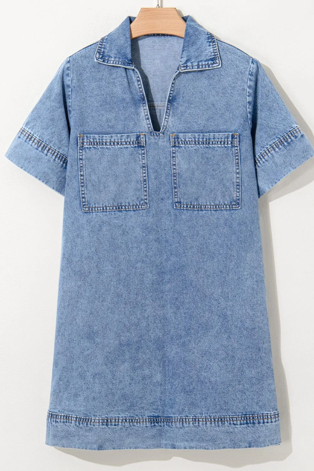 Short Sleeve Collared Patched Pocket Denim Mini Dress, image 7