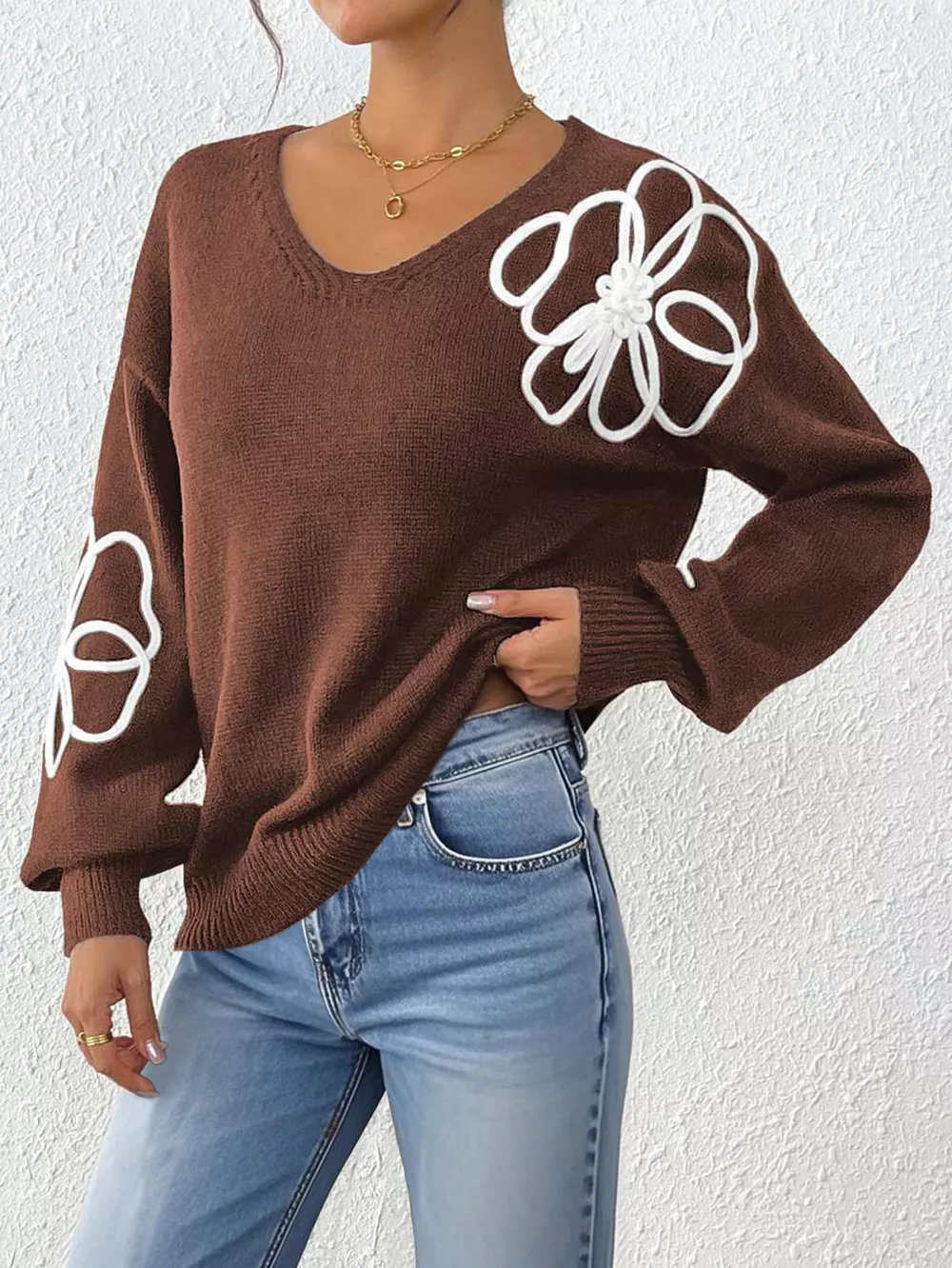 Flower V-Neck Long Sleeve Sweater, image 12