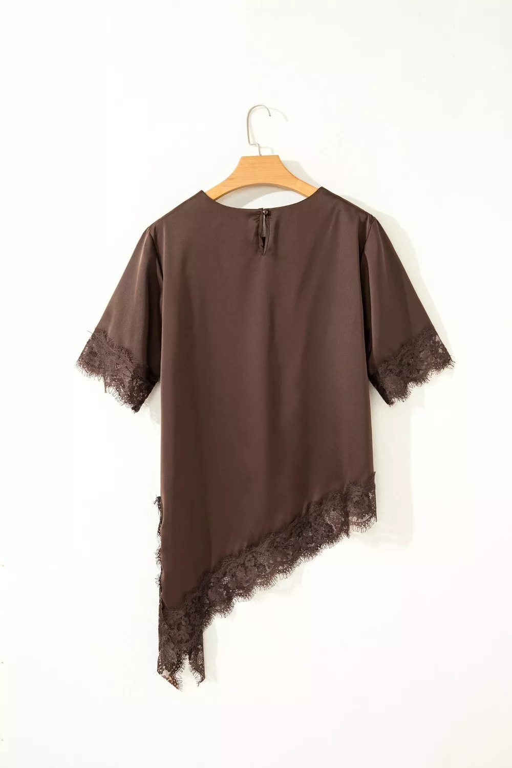 Asymmetric Lace Trim Short Sleeve Satin Top, image 7