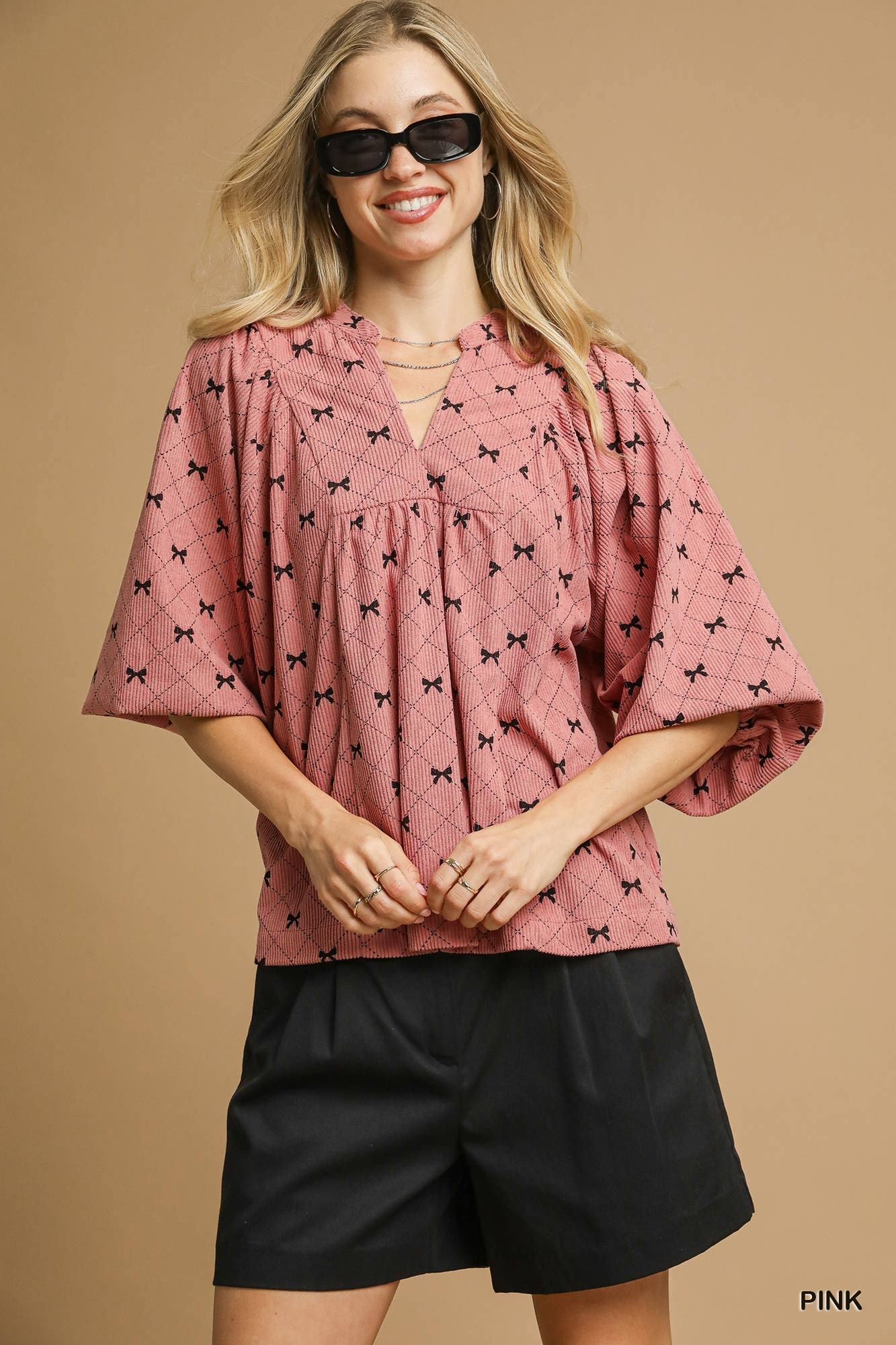 Corduroy Bow Print Balloon Sleeve Blouse