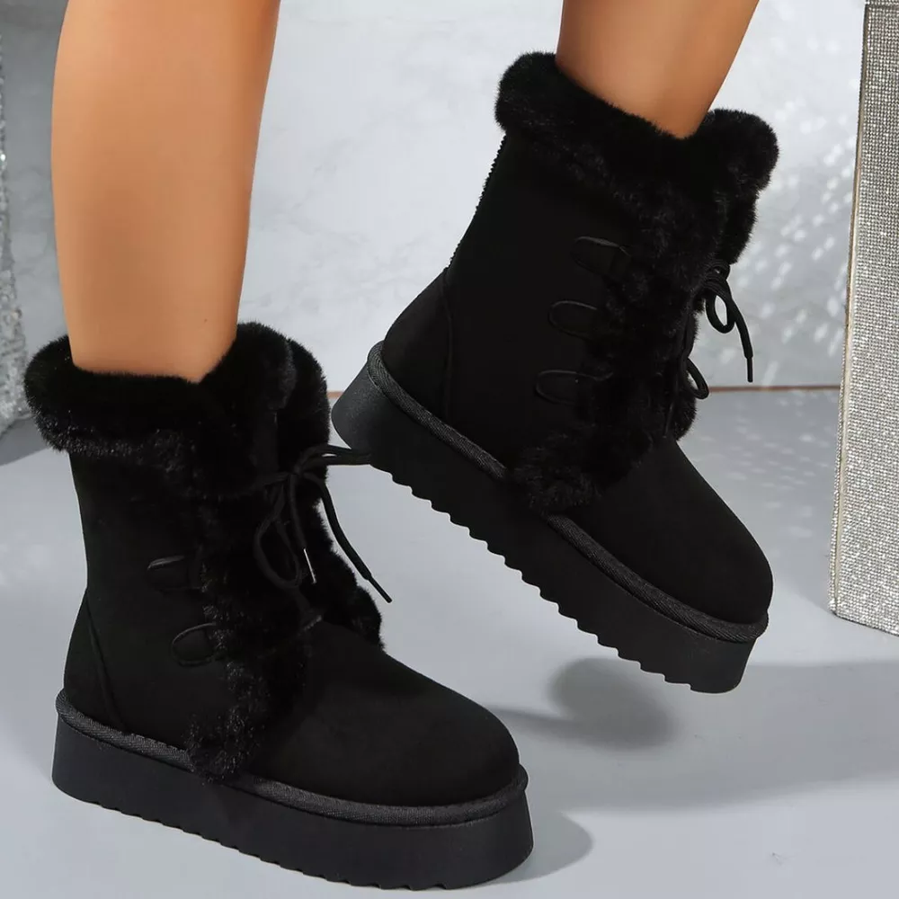 Fuzzy Trim Lace-Up Platform Boots, image 3