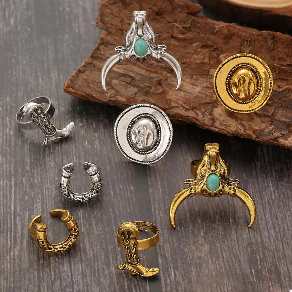 4 Piece Vintage Western Style Bull Head Rings, image 9