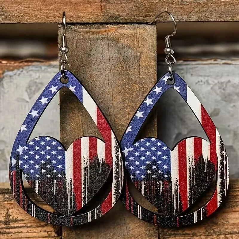 US Flag Pattern Wooden Earrings, image 2
