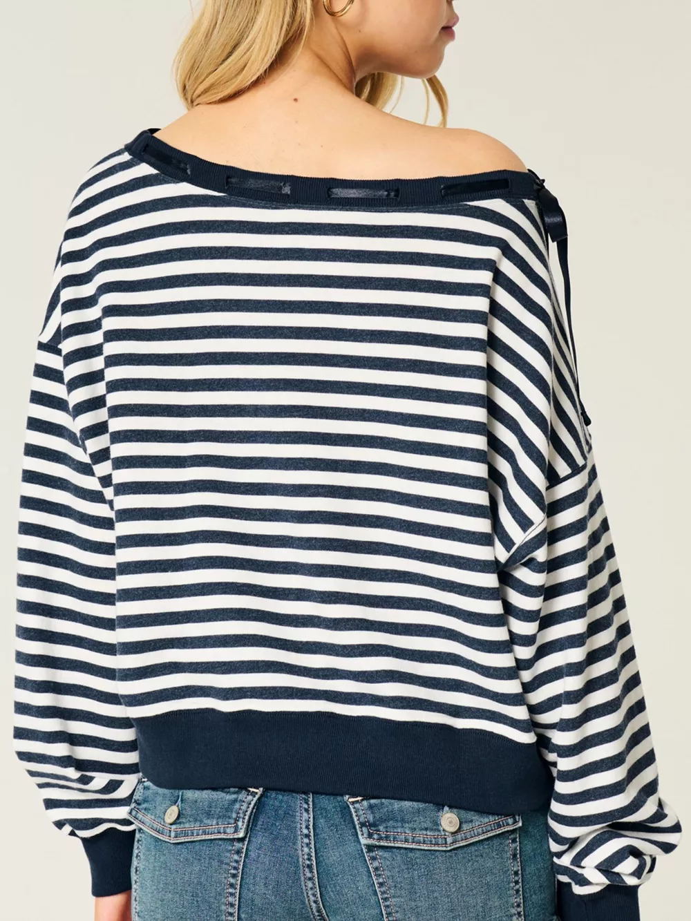 Striped Off-Shoulder Ribbon Accent Sweatshirt, image 3