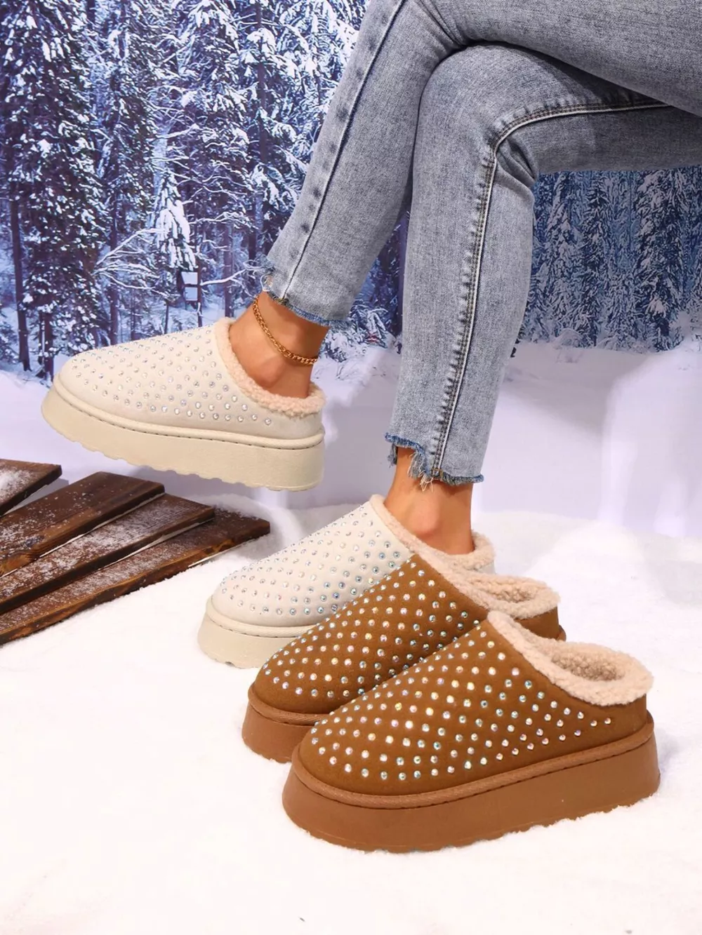 Rhinestone Round Toe Platform Slippers, image 2